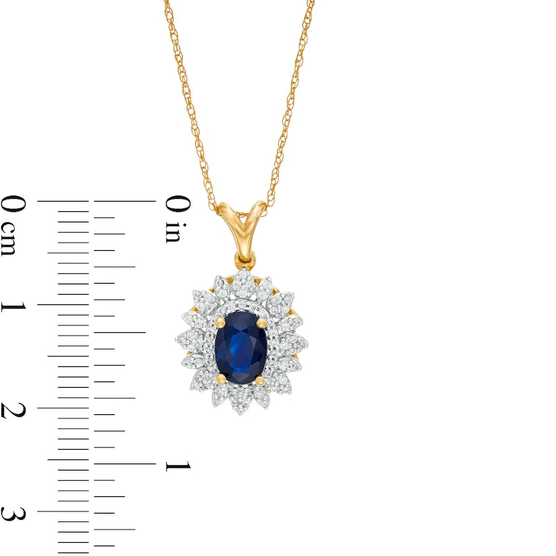Oval Blue Sapphire and 0.2 CT. T.W. Natural Diamond Flower Frame Pendant in 10K Yellow Gold