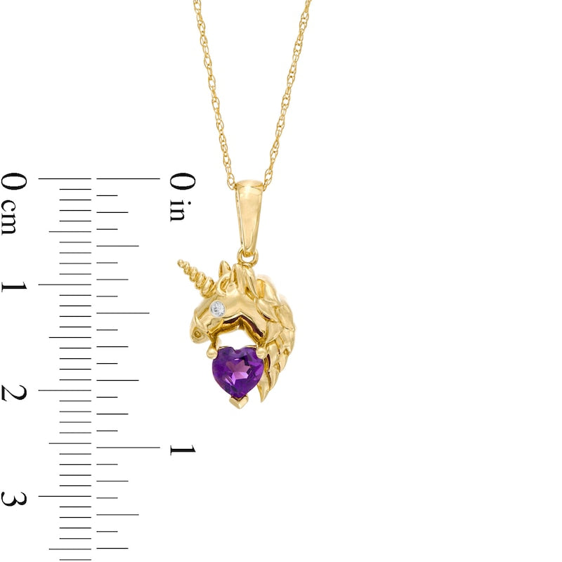 5.0mm Heart-Shaped Amethyst and Natural Diamond Accent Unicorn Pendant in 10K Yellow Gold
