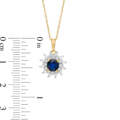 5.0mm Blue Sapphire and 0.25 CT. T.W. Natural Diamond Sunburst Frame Pendant in 10K Yellow Gold