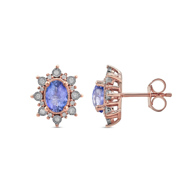 Oval Tanzanite and 0.13 CT. T.W. Diamond Starburst Frame Vintage-Style Stud Earrings in 10K Rose Gold