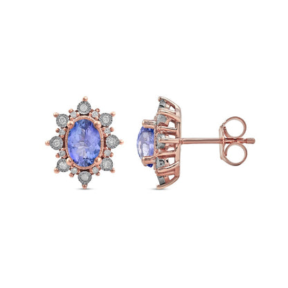 Oval Tanzanite and 0.13 CT. T.W. Diamond Starburst Frame Vintage-Style Stud Earrings in 10K Rose Gold