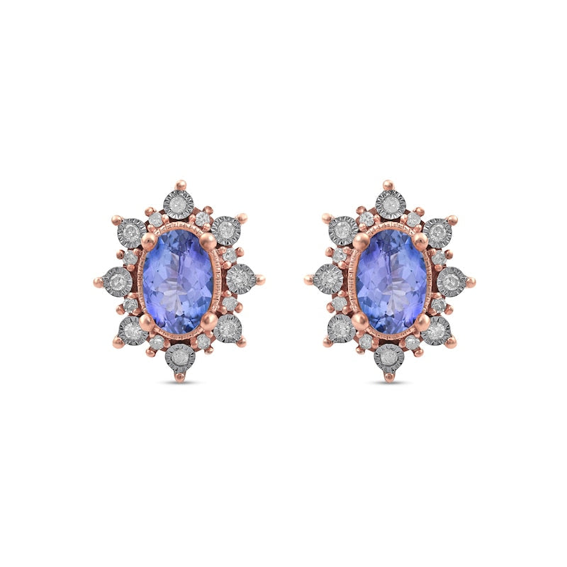 Oval Tanzanite and 0.13 CT. T.W. Diamond Starburst Frame Vintage-Style Stud Earrings in 10K Rose Gold