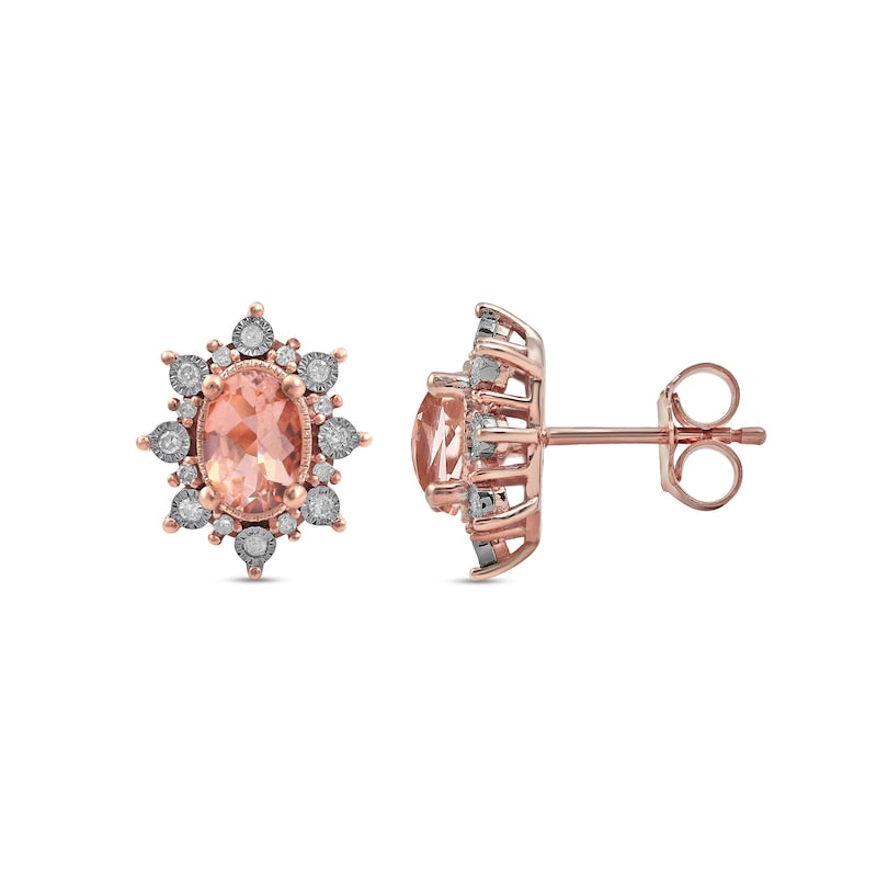 Oval Morganite and 0.13 CT. T.W. Diamond Starburst Frame Vintage-Style Stud Earrings in 10K Rose Gold
