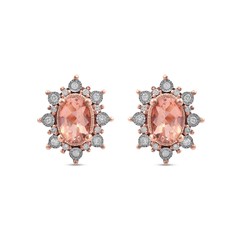 Oval Morganite and 0.13 CT. T.W. Diamond Starburst Frame Vintage-Style Stud Earrings in 10K Rose Gold