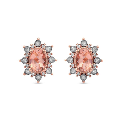Oval Morganite and 0.13 CT. T.W. Diamond Starburst Frame Vintage-Style Stud Earrings in 10K Rose Gold