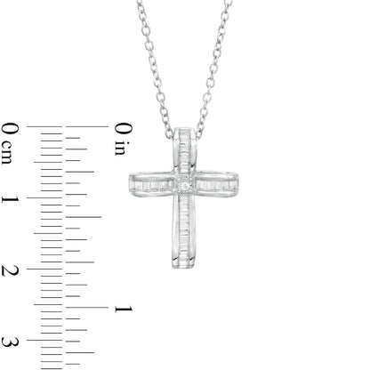 0.33 CT. T.W. Baguette and Round Natural Diamond Cross Pendant in Sterling Silver