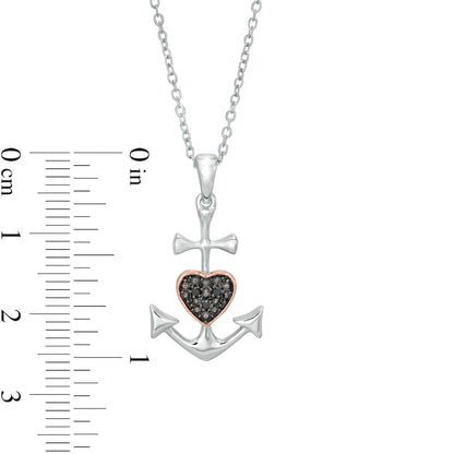 Enhanced Black Natural Diamond Accent Heart Anchor Pendant in Sterling Silver and 14K Rose Gold Plate