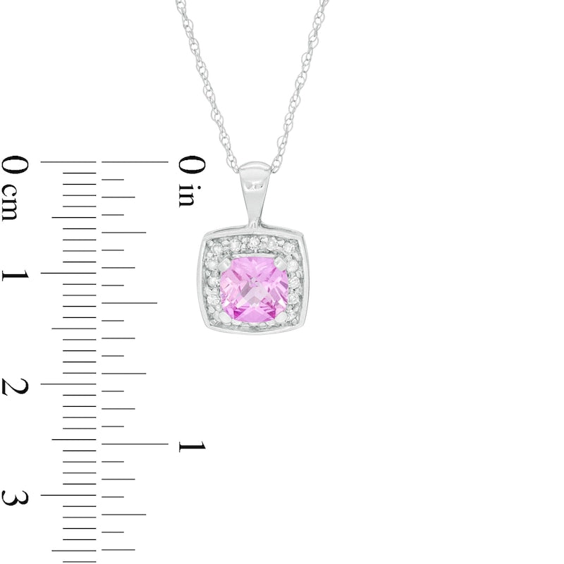 6.0mm Cushion-Cut Lab-Created Pink Sapphire and 0.13 CT. T.W. Diamond Frame Pendant in 10K White Gold