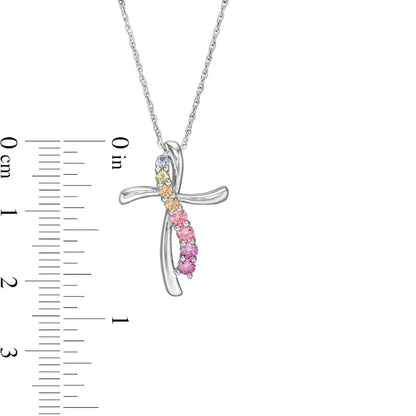 Simulated Light Multi-Color Sapphire Ribbon Swirl Cross Pendant in Sterling Silver