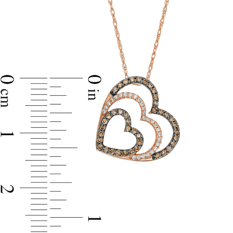 0.25 CT. T.W. Champagne and White Natural Diamond Tilted Hearts Pendant in 10K Rose Gold