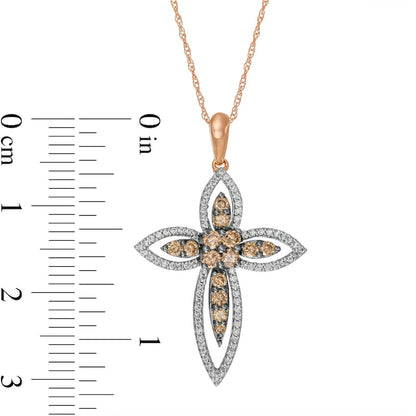 0.5 CT. T.W. Champagne and White Natural Diamond Layered Cross Pendant in 10K Rose Gold