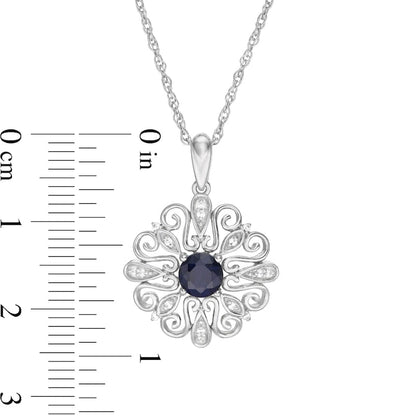 5.0mm Lab-Created Blue Sapphire and 0.05 CT. T.W. Diamond Filigree Scroll Frame Pendant in Sterling Silver