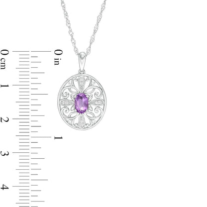 Amethyst and 0.05 CT. T.W. Natural Diamond Filigree Cross Oval Pendant in Sterling Silver