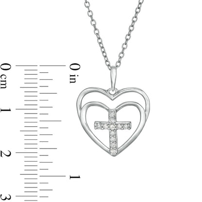 0.1 CT. T.W. Natural Diamond Cross in Double Hearts Pendant in Sterling Silver
