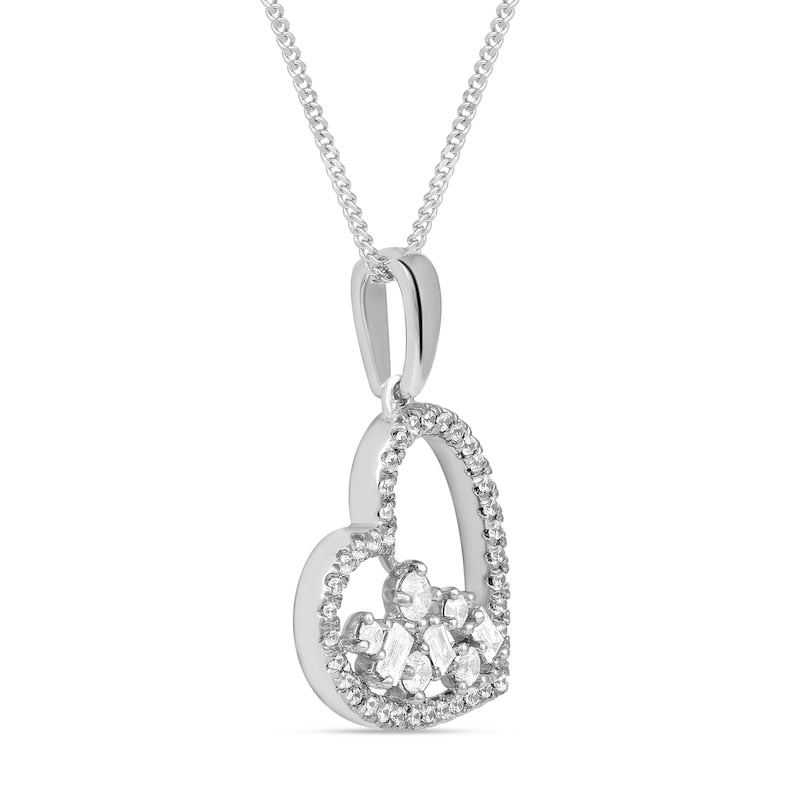 0.33 CT. T.W. Baguette and Round Natural Diamond Scatter Tilted Heart Pendant in 10K White Gold