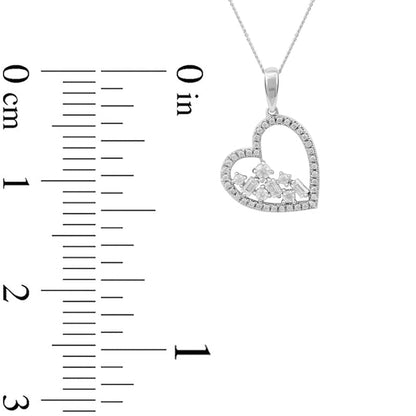 0.33 CT. T.W. Baguette and Round Natural Diamond Scatter Tilted Heart Pendant in 10K White Gold