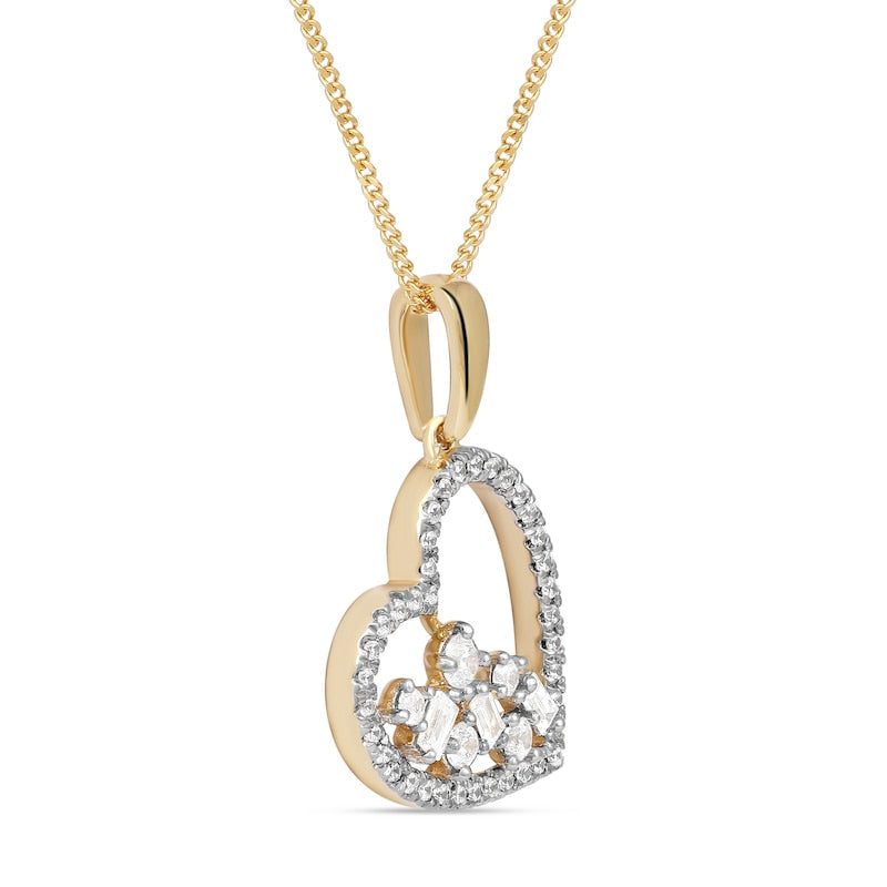 0.33 CT. T.W. Baguette and Round Natural Diamond Scatter Tilted Heart Pendant in 10K Yellow Gold
