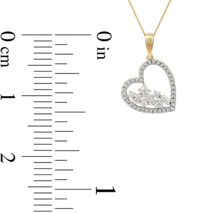 0.33 CT. T.W. Baguette and Round Natural Diamond Scatter Tilted Heart Pendant in 10K Yellow Gold