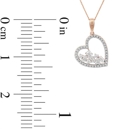 0.33 CT. T.W. Baguette and Round Natural Diamond Scatter Tilted Heart Pendant in 10K Rose Gold