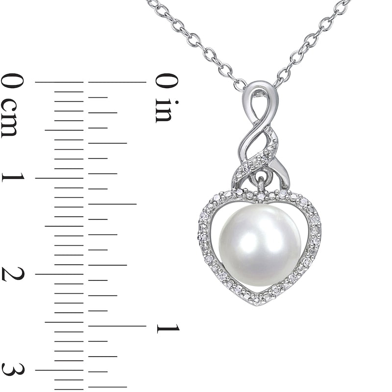 Button Cultured Freshwater Pearl and 0.07 CT. T.W. Natural Diamond Heart Frame Cascading Twist Drop Pendant in Sterling Silver
