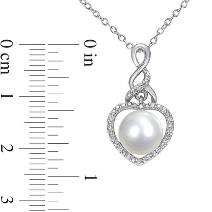 Button Cultured Freshwater Pearl and 0.07 CT. T.W. Natural Diamond Heart Frame Cascading Twist Drop Pendant in Sterling Silver