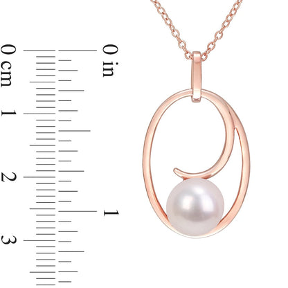 9.0-9.5mm Cultured Freshwater Pearl Open Looping Oval Frame Pendant in Sterling Silver with Rose Rhodium