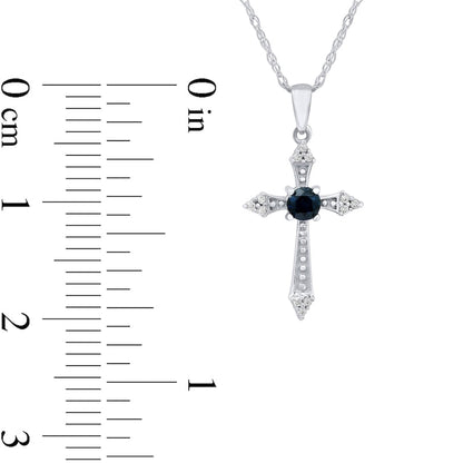 3.0mm Blue Sapphire and Natural Diamond Accent Beaded Gothic-Style Cross Pendant in 10K White Gold