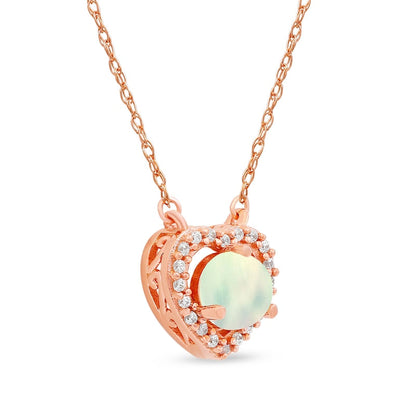 5.0mm Opal and 0.07 CT. T.W. Natural Diamond Open Frame Antique Vintage-Style Heart Necklace in 10K Rose Gold