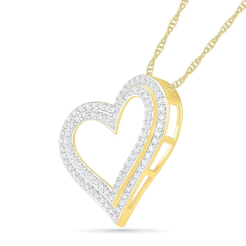 1 CT. T.W. Natural Diamond Double Row Tilted Heart Pendant in 10K Yellow Gold
