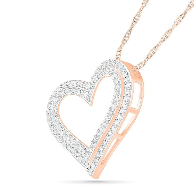 1 CT. T.W. Natural Diamond Double Row Tilted Heart Pendant in 10K Rose Gold