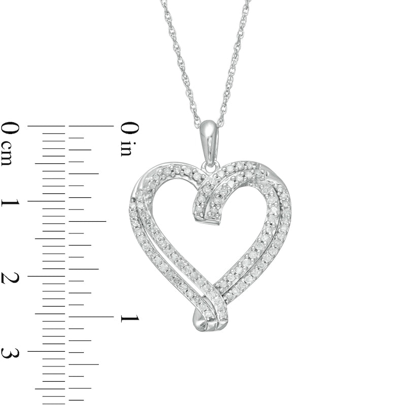 0.5 CT. T.W. Natural Diamond Double Row Ribbon Heart Pendant in 10K White Gold