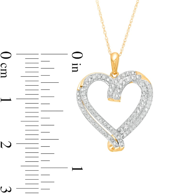 0.5 CT. T.W. Natural Diamond Double Row Ribbon Heart Pendant in 10K Yellow Gold