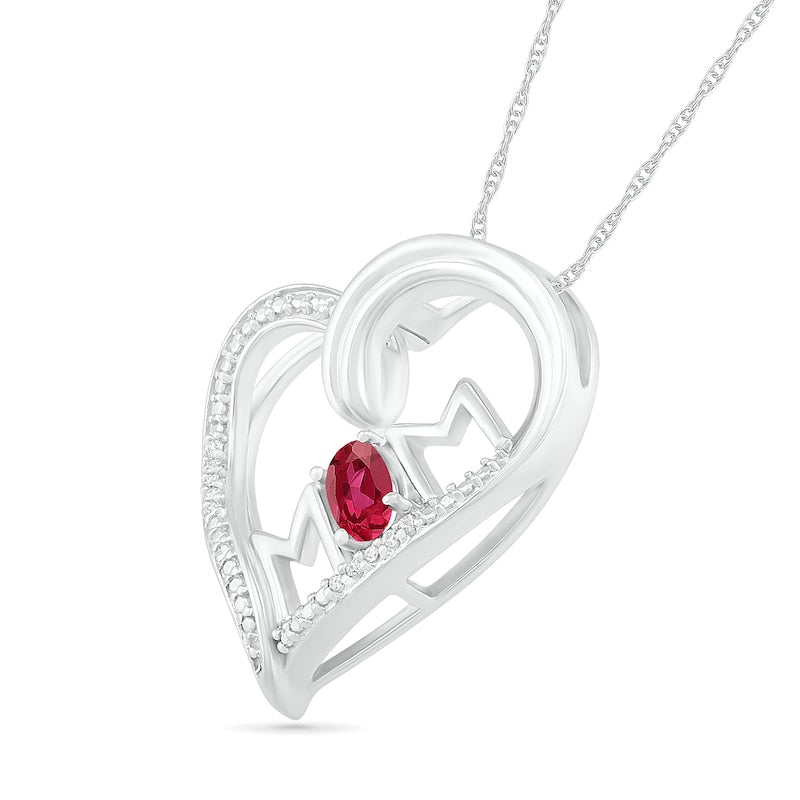 Oval Lab-Created Ruby and Diamond Accent MOM" Tilted Heart Pendant in Sterling Silver"