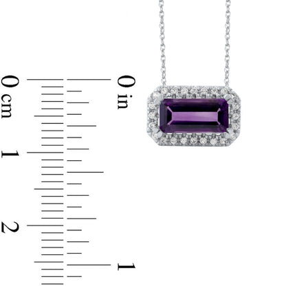 Sideways Emerald-Cut Amethyst and White Lab-Created Sapphire Octagonal Frame Necklace in Sterling Silver
