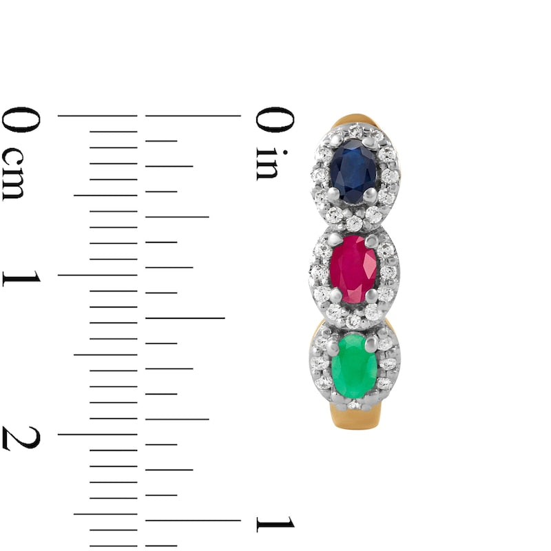 Oval Multi-Gemstone and 0.17 CT. T.W. Diamond Frame Three Stone Hoop Earrings in 10K Gold