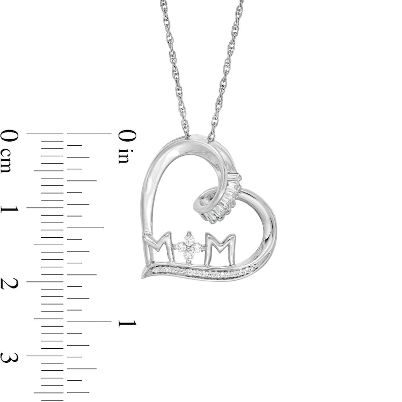 0.17 CT. T.W. Baguette and Round Natural Diamond MOM" Tilted Heart Pendant in Sterling Silver"