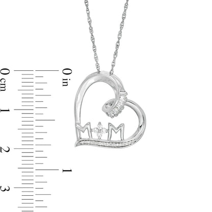 0.17 CT. T.W. Baguette and Round Natural Diamond MOM" Tilted Heart Pendant in Sterling Silver"