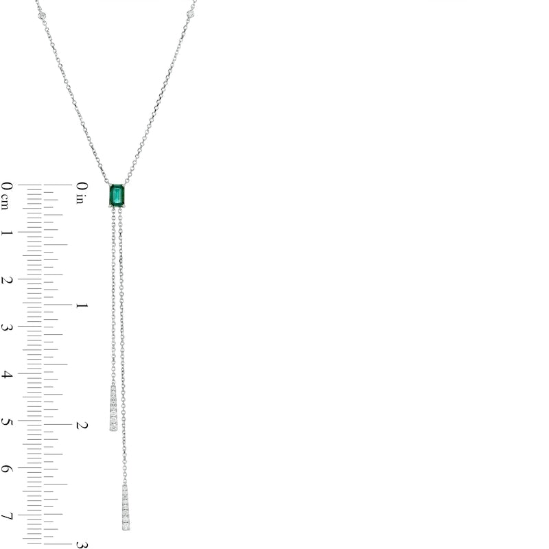 Emerald-Cut Emerald and 0.17 CT. T.W. Natural Diamond Tassel Necklace in 14K White Gold