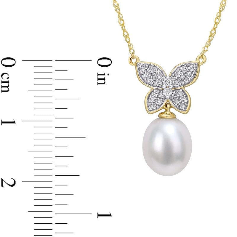 9.0-10.0mm Baroque Cultured Freshwater Pearl Drop and 0.13 CT. T.W. Natural Diamond Butterfly Necklace in 10K Yellow Gold - 17