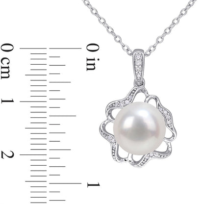 9.5-10.0mm Button Cultured Freshwater Pearl and 0.05 CT. T.W. Natural Diamond Clover Frame Drop Pendant in Sterling Silver