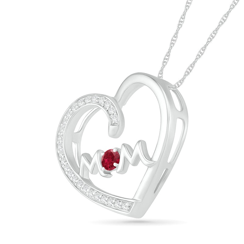 3.0mm Lab-Created Ruby and White Sapphire MOM" Tilted Loop Heart Pendant in Sterling Silver"