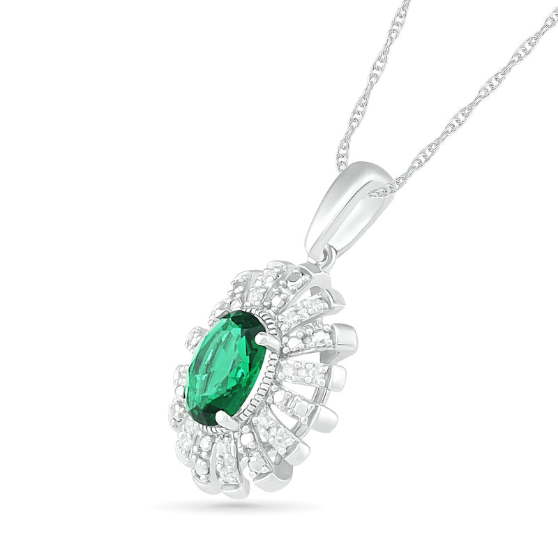 Oval Lab-Created Emerald and 0.07 CT. T.W. Diamond Starburst Frame Pendant in Sterling Silver