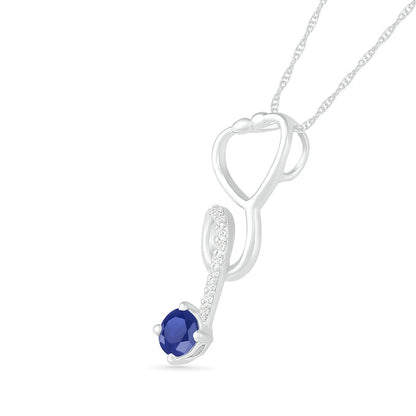 3.0mm Lab-Created Blue and White Sapphire Tilted Loop Stethoscope Pendant in Sterling Silver
