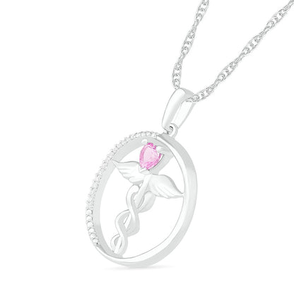 Heart-Shaped Lab-Created Pink Sapphire and 0.05 CT. T.W. Diamond Caduceus Open Circle Drop Pendant in Sterling Silver