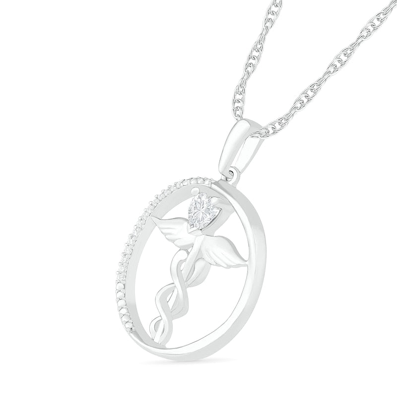 Heart-Shaped Lab-Created White Sapphire and 0.05 CT. T.W. Diamond Caduceus Open Circle Drop Pendant in Sterling Silver