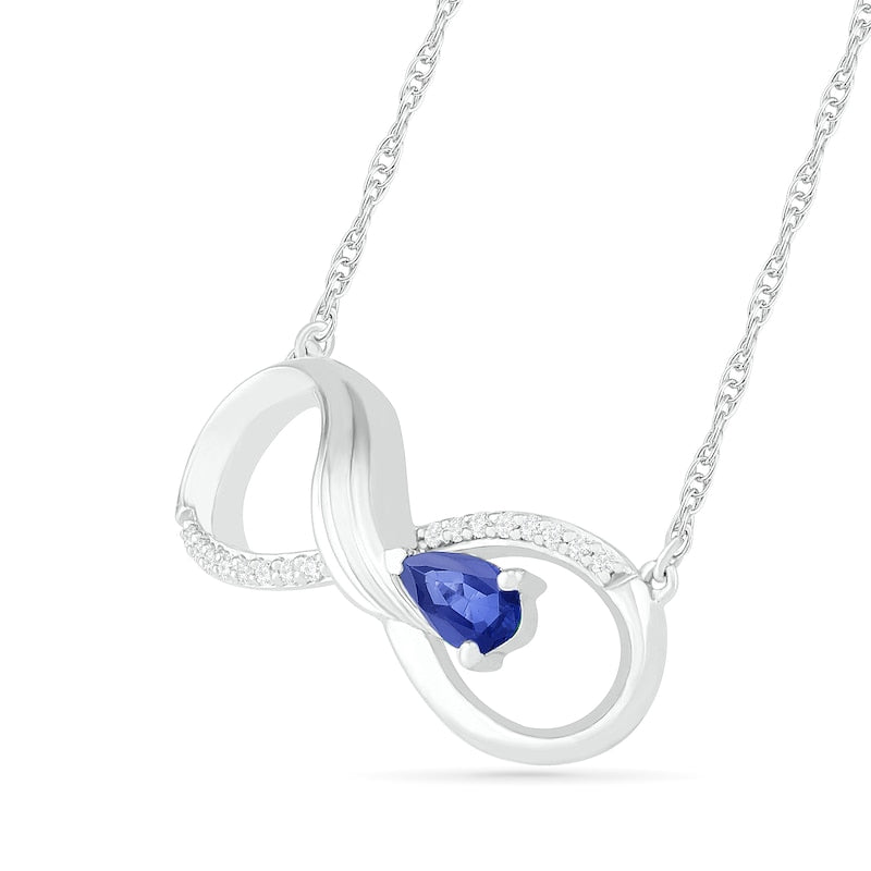 Pear-Shaped Lab-Created Blue Sapphire and 0.05 CT. T.W. Diamond Winged Infinity Necklace in Sterling Silver