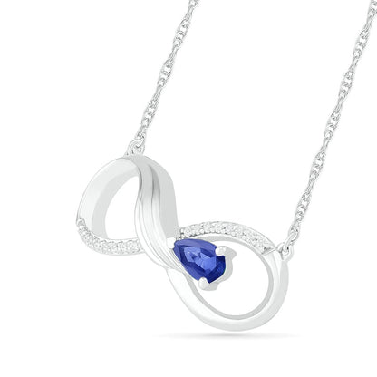 Pear-Shaped Lab-Created Blue Sapphire and 0.05 CT. T.W. Diamond Winged Infinity Necklace in Sterling Silver