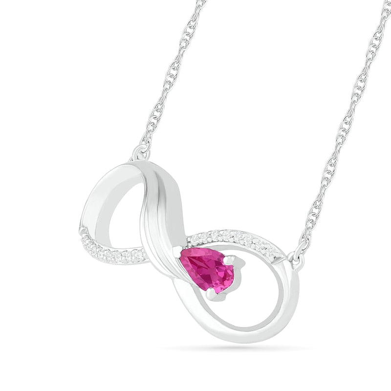 Pear-Shaped Lab-Created Pink Sapphire and 0.05 CT. T.W. Diamond Winged Infinity Necklace in Sterling Silver