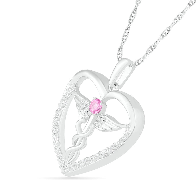 3.0mm Lab-Created Pink and White Sapphire Caduceus Heart Outline Pendant in Sterling Silver