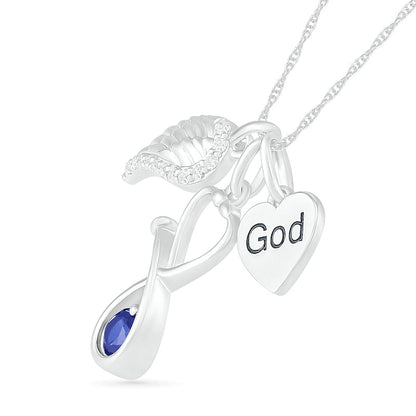 4.0mm Lab-Created Blue and White Sapphire Stethoscope, Wing and God" Heart Disc Charm Pendant in Sterling Silver"